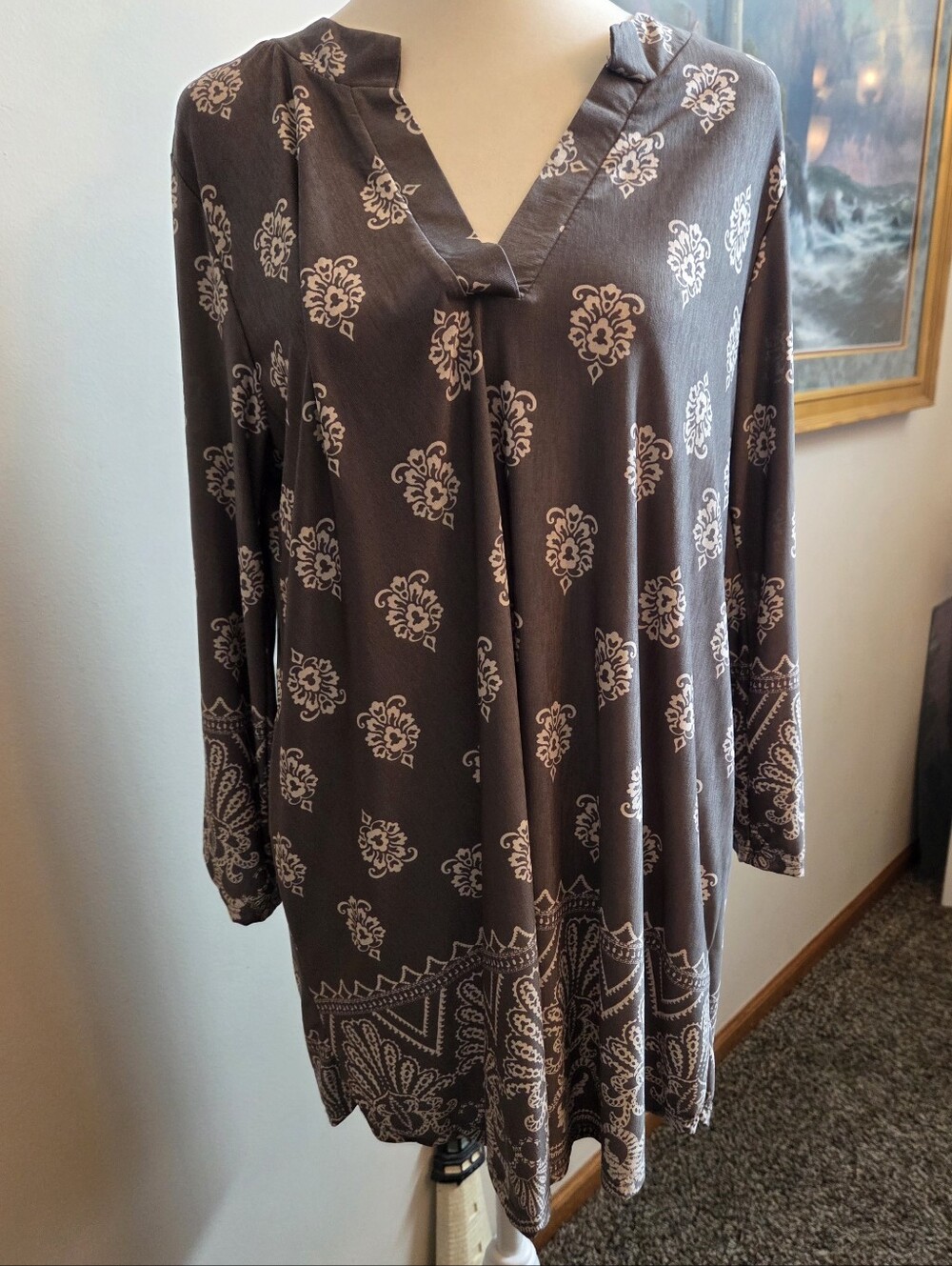 Sew In Love Gray Tunic Blouse with Paisley Print